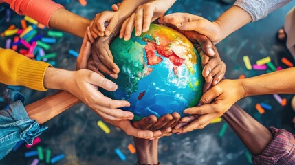 A globe surrounded by interconnected hands of different colors, symbolizing global unity
