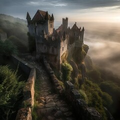 Castelo deslumbrante em meio a névoa