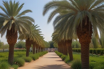 Obraz premium Green palms in nature reserves for planting palm trees, fields and agricultural land, Arab national local products, Saudi dates and crop dates.