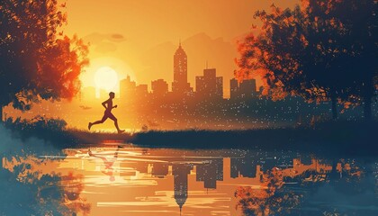 Illustrate a scene of jogging early in the morning to avoid the midday sun