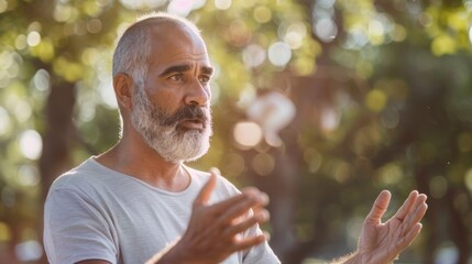 Fototapeta premium The image depicts a man with a gray beard and mustache wearing a white t-shirt standing outdoors with trees in the background.