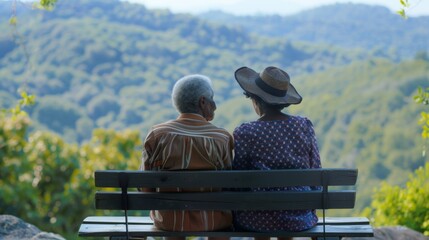 Two elderly individuals a man and a woman sitting on a wooden bench overlooking a scenic mountain landscape enjoying a moment of tranquility.