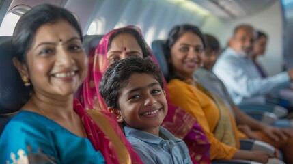 Fototapeta premium A joyful family of four including a young boy seated on an airplane smiling and looking at the camera with a backdrop of airplane windows and other passengers.