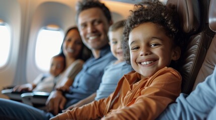 A joyful family of four including a smiling child seated together in airplane seats looking out the...