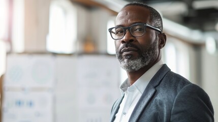 Fototapeta premium A man with a beard and glasses wearing a suit standing in an office with a thoughtful expression.