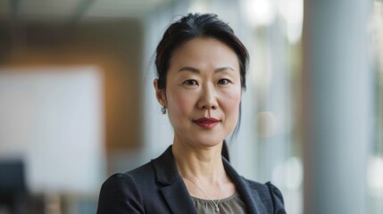 Asian woman with dark hair wearing a black blazer smiling and looking directly at the camera set against a blurred indoor background.