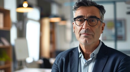 Obraz premium A man with glasses wearing a blue blazer sitting in a modern office with a blurred background looking directly at the camera.