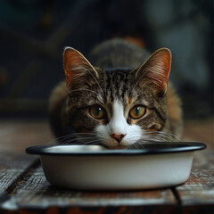Intense cat staring at the camera with her head above the food bowl. 