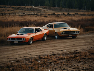 Fototapeta premium Two old cars on the desert road, relics of a bygone era, stand weathered and abandoned, silent witnesses to the passage of time.