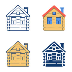 Wooden country house icon set in flat and line style. Russian traditional izba hut. Vector illustration.