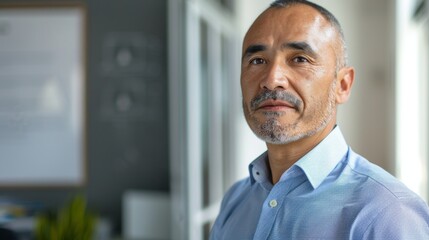 Obraz premium A middle-aged man with a beard and graying hair wearing a light blue shirt standing in an office with a whiteboard in the background.