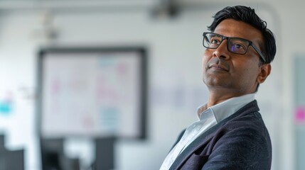 Obraz premium Man in suit looking up thoughtful expression office setting whiteboard in background professional attire glasses modern environment.