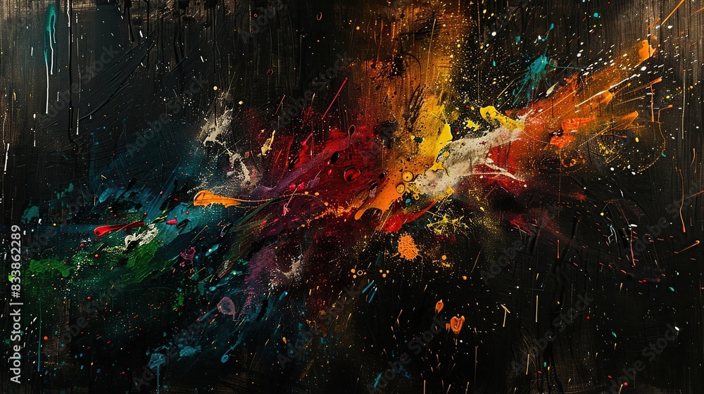 Poster colorful paintings with paint splashes that are abstract and have many colors on a black background