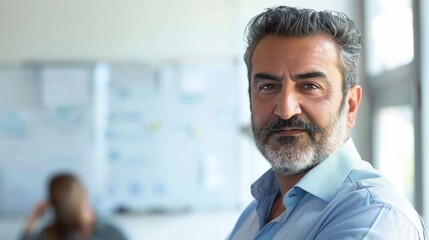 Fototapeta premium A man with a beard and gray hair wearing a blue shirt standing in an office environment with a window in the background.