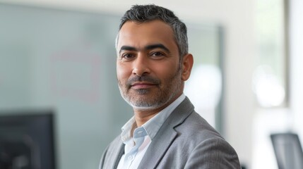 Obraz premium A man with a beard and gray hair wearing a light gray suit and a white shirt standing in an office with a window in the background.