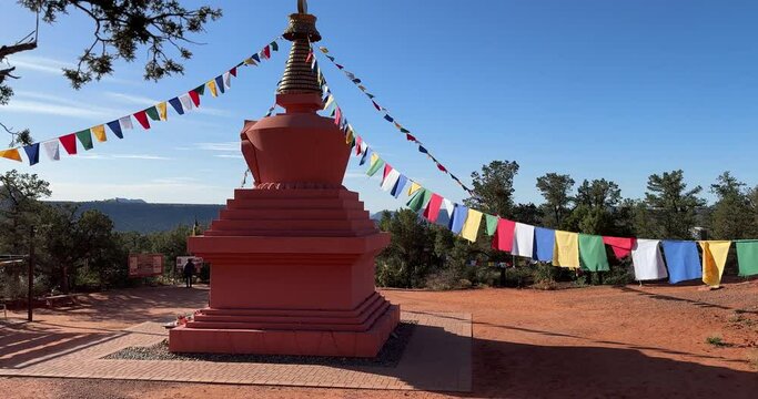 Buddha stupa park in Sedona Arizona, with prayer flags
