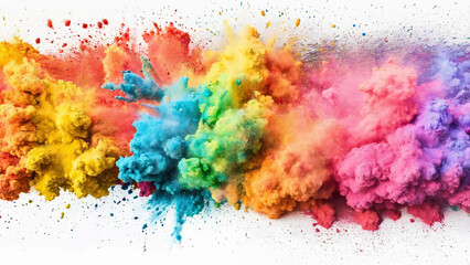 Colorful rainbow holi paint color powder explosion isolated white background with copyspace, 16:9, 300dpi