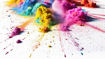 Colorful rainbow holi paint color powder explosion isolated white background with copyspace, 16:9, 300dpi