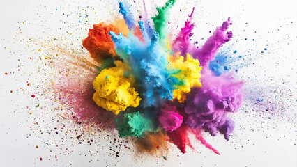 Colorful rainbow holi paint color powder explosion isolated white background with copyspace, 16:9, 300dpi