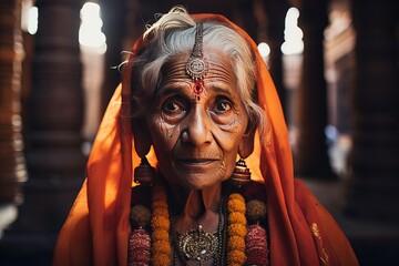 Portrait of a serious elder Indian woman. A beautiful elder woman in a traditional Hindu dress and jewelry looking at camera.