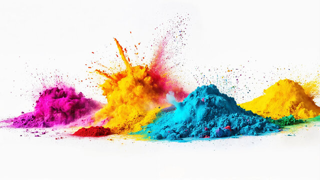 Colorful rainbow holi paint color powder explosion isolated white background with copyspace, 16:9, 300dpi