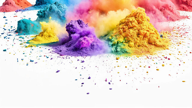 Colorful rainbow holi paint color powder explosion isolated white background with copyspace, 16:9, 300dpi