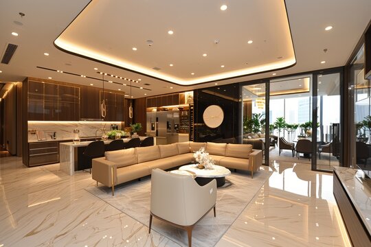 Modern luxury hotel lobby with elegant furniture and stylish lighting setup, perfect for upscale interior design themes