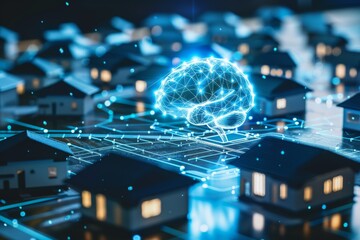 Futuristic blue neural network concept, depicting a glowing brain, perfect for illustrations on AI and cognitive science