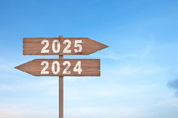 An image with a signpost pointing in two different directions in German. One direction points to 2024, the other points to 2025. Future Business concept ideas.