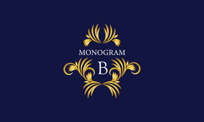 Luxury emblem monogram logo with initial letter B. Ornate gold frame illustration. Invitation, wedding, label, restaurant, heraldry