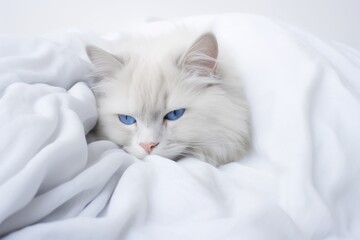 A fluffy white cat with piercing blue eyes, curled up asleep on a soft white blanket against a crisp white background