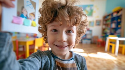 A young child with curly hair smiling at the camera holding a drawing in a classroom setting with colorful chairs and a bookshelf in the background.