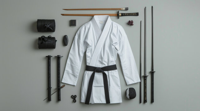 White kimono with black belt. Training weapons for fencing and martial arts displayed on gray backdrop.