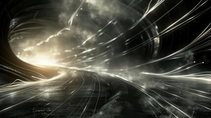 Design a 3D illustration of abstract shapes with light trails depicting speedy motion