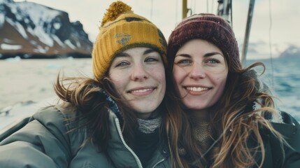 Fototapeta premium Two smiling women in winter hats enjoying a chilly day outdoors possibly on a boat with a scenic mountain landscape in the background.