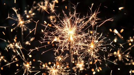 shining sparklers illuminating with golden glow on black, festive events and celebration background.