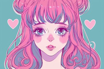 Illustrated portrait of a cute anime girl with pastel hair and heart motifs on a teal background