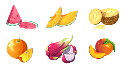 Summer fruit set isolated on transparent background. Melon, watermelon, pineapple, orange, dragon fruit, peach. Juicy freah ripe fruit stylized. Summer fruit food stickers trendy flat style.
