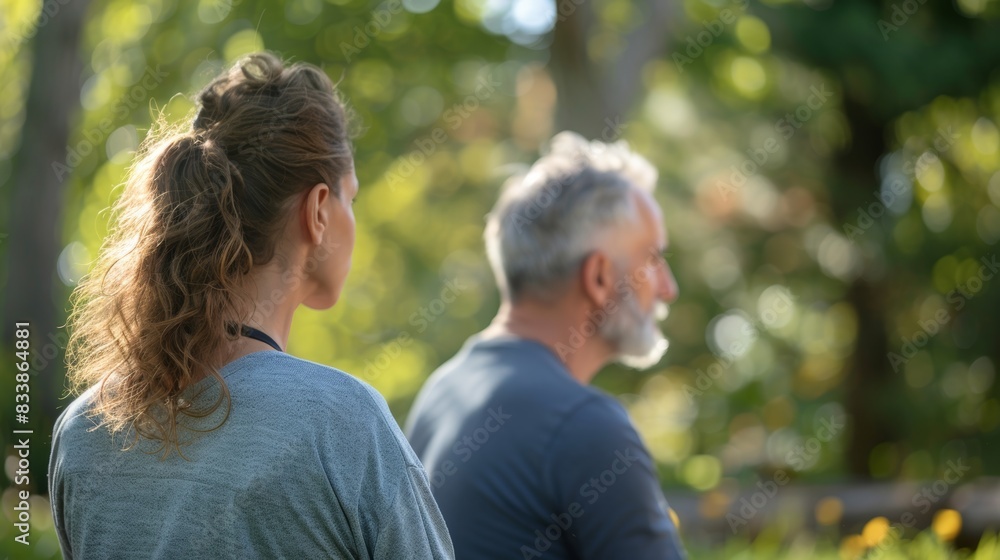 Wall mural A man and woman standing in a park looking at something in the distance surrounded by trees and sunlight.