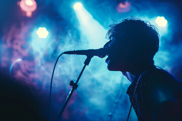 Obraz premium Passionate Musician on Stage: Soulful Performance in Dim Light