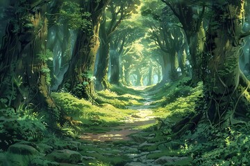 ancient forest with mossy trees and vines