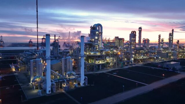 Aerial view of chemical plant at sunset. Drone shot. Billowing steam from smoke stack filling sky. Smoking chimneys from factory. Chimneys of big oil refinery at sunrise polluting environment. Night