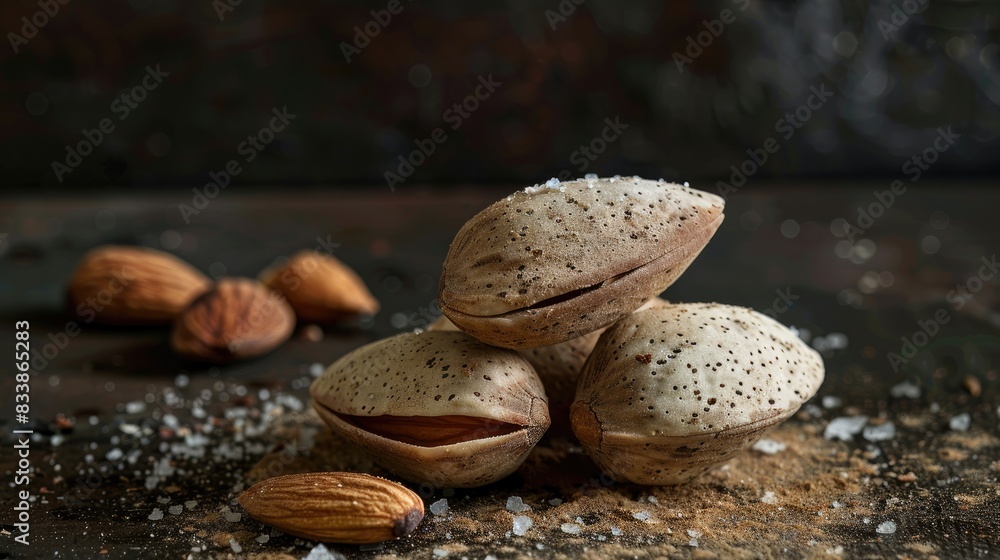 Poster close up shot of salted almonds with shell on an old fashioned background