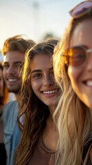 Fototapeta premium Hyperrealistic photo of several people smiling at the camera, taken with a modern SLR camera with a very high quality lens Light conditions, clear and bright