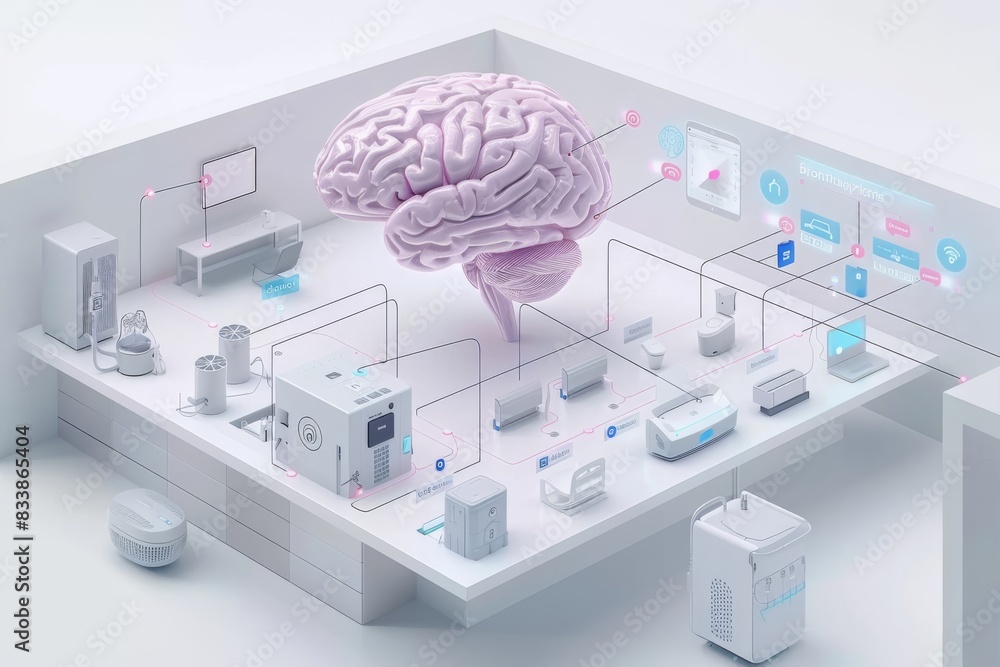 Poster advanced medical lab with 3d brain models, perfect for illustrating state of the art neurological re