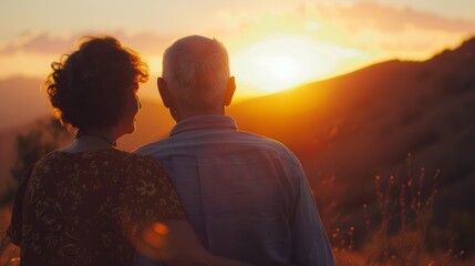 An elderly couple silhouetted against a vibrant sunset share a moment of tranquility on a hillside.