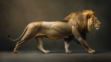 The side profile of a regal lion, Panthera Leo, capturing its dignified posture and serene expression as it walks with a purpose, its gaze meeting the viewer's with unwavering confidence.
