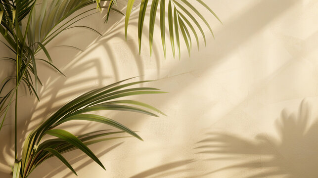 Design a neutral background with shadows of tropical leaves, similar to the uploaded image. Emphasize the tranquil and calming effect created by the simple, yet beautiful, play of light and shadow