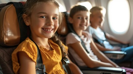 A young girl with a big smile sitting in an airplane seat looking at the camera with her seatbelt...