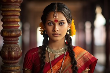 A beautiful young Hindu woman in a traditional Hindu dress and jewelry looking at camera. Close-up portrait.